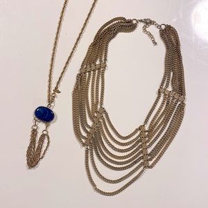 Vintage 70s draped disco necklaces - gold-toned metal, lapis resin - rope chain